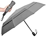 EEZ-Y Windproof Travel Umbrellas for Rain - Lightweight, Strong, Compact with & Easy Auto Open/Close Button for Single Hand Use - Double Vented Canopy for Men & Women - Grey