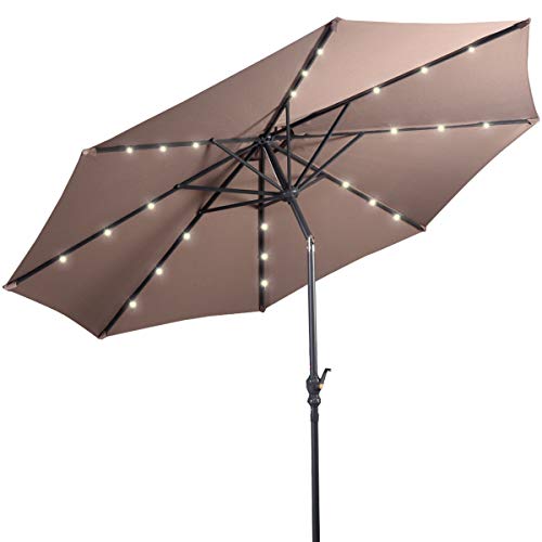 Giantex 10ft Solar Patio Umbrella Outdoor with Lights, 8 Ribs Steel Market Umbrella, Easy Push Button Tilt and Crank, Solar Table Umbrellas for Garden, Deck, Backyard, Pool Indoor Outdoor Use