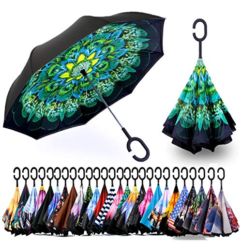 Spar. Saa Double Layer Inverted Umbrella with C-Shaped Handle, Anti-UV Waterproof Windproof Straight Umbrella for Car Rain Outdoor Use