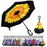 Double Layer Inverted Umbrellas Reverse Folding Umbrella Windproof UV Protection Big Straight Umbrella Inside Out Upside Down for Car Rain Outdoor With C-Shaped Handle