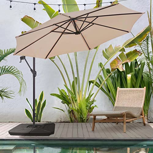 BLUU BANYAN 10 FT Patio Offset Umbrella Outdoor Cantilever Umbrella Hanging Umbrellas, 24 Month Fade Resistance & Water-repellent UV Protection Solution-dyed Fabric Canopy with Infinite Tilt, Crank & Cross Base (Beige)