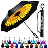 Owen Kyne Windproof Double Layer Folding Inverted Umbrella, Self Stand Upside-down Rain Protection Car Reverse Umbrellas with C-shaped Handle (New Sunflower)