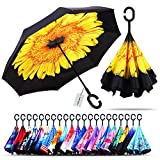 Owen Kyne Windproof Double Layer Folding Inverted Umbrella, Self Stand Upside-Down Rain Protection Car Reverse Umbrellas with C-Shaped Handle (New Sunflower)
