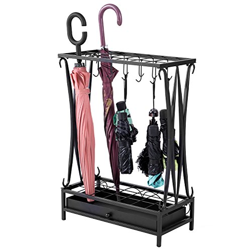 MyGift Modern Black Metal Umbrella Holder Rack with 21 Slots and 12 Hooks and Removable Base Drip Tray