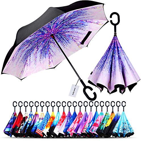 Owen Kyne Windproof Double Layer Folding Inverted Umbrella, Self Stand Upside-Down Rain Protection Car Reverse Umbrellas with C-Shaped Handle (Wisteria Tree)